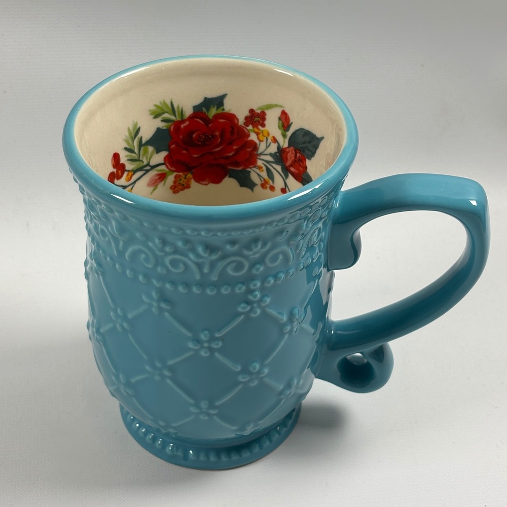 The Pioneer Woman Cheerful Rose Christmas Mug Teal Embossed Floral Stoneware